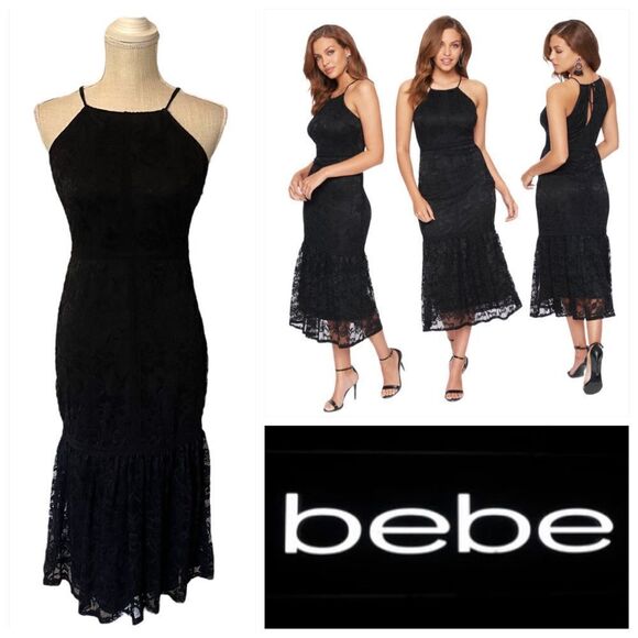 Bebe Black Lace Halter Midi Dress - Picture 1 of 15